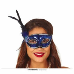 Blue Sequins Mask With Feathers