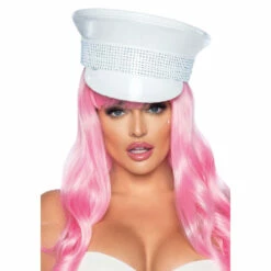 LEG AVENUE Rhinestone Trim Military Hat, White