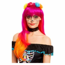 Smiffys Deluxe Day Of The Dead Wig, Pink & Orange