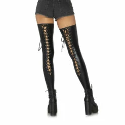 LEG AVENUE Wetlook Lace Up Thigh Highs