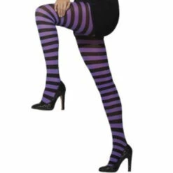 Smiffys Opaque Tights, Black Purple Stripe