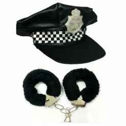 Flat Checkered Police Hat & Fluffy Black Cuffs