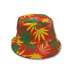 Bucket Hat - Red With Rasta Leaf
